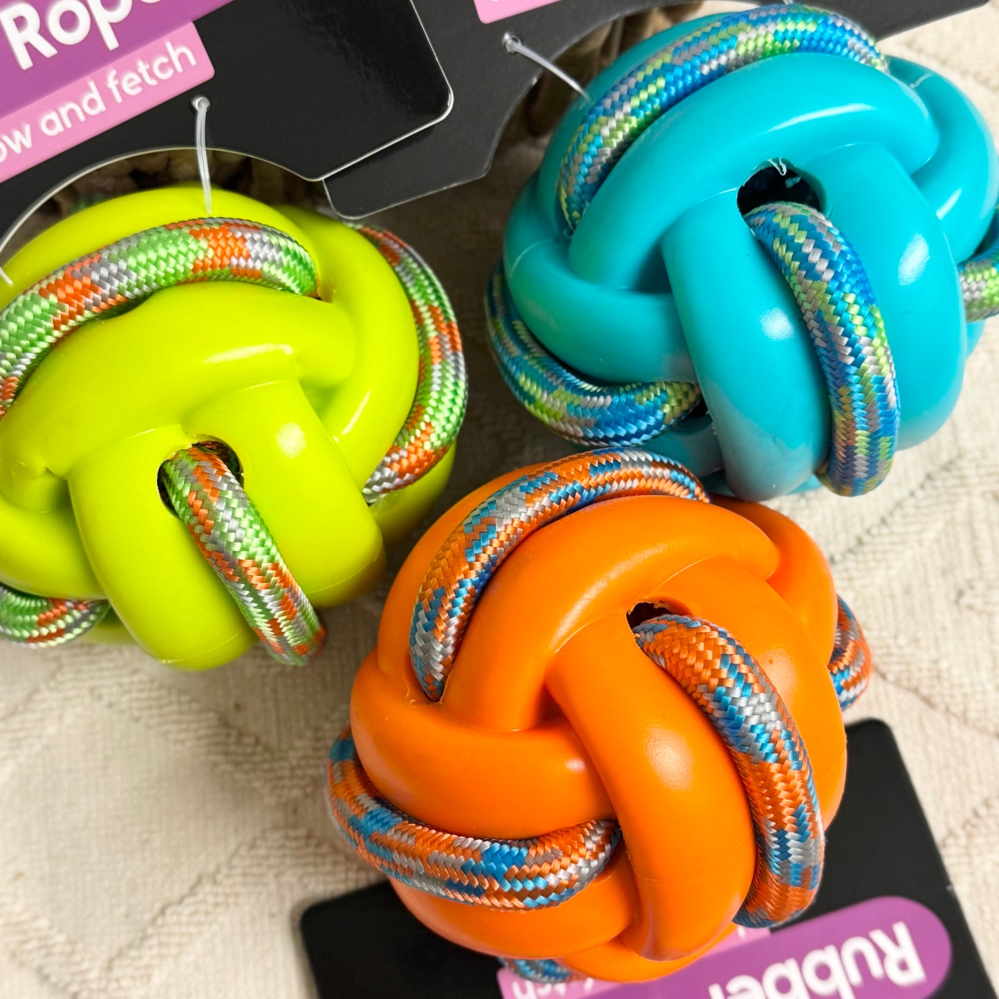 Rubber & Rope Ball Dog Toy | 3 Colours